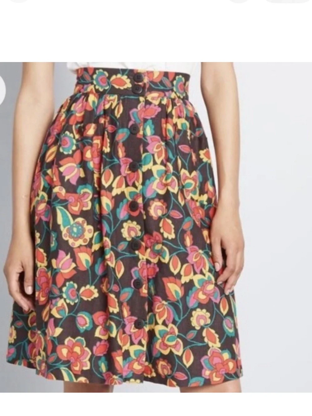 ModCloth Floral A-Line Skirt Black Multicolor Rayon Linen Size XS